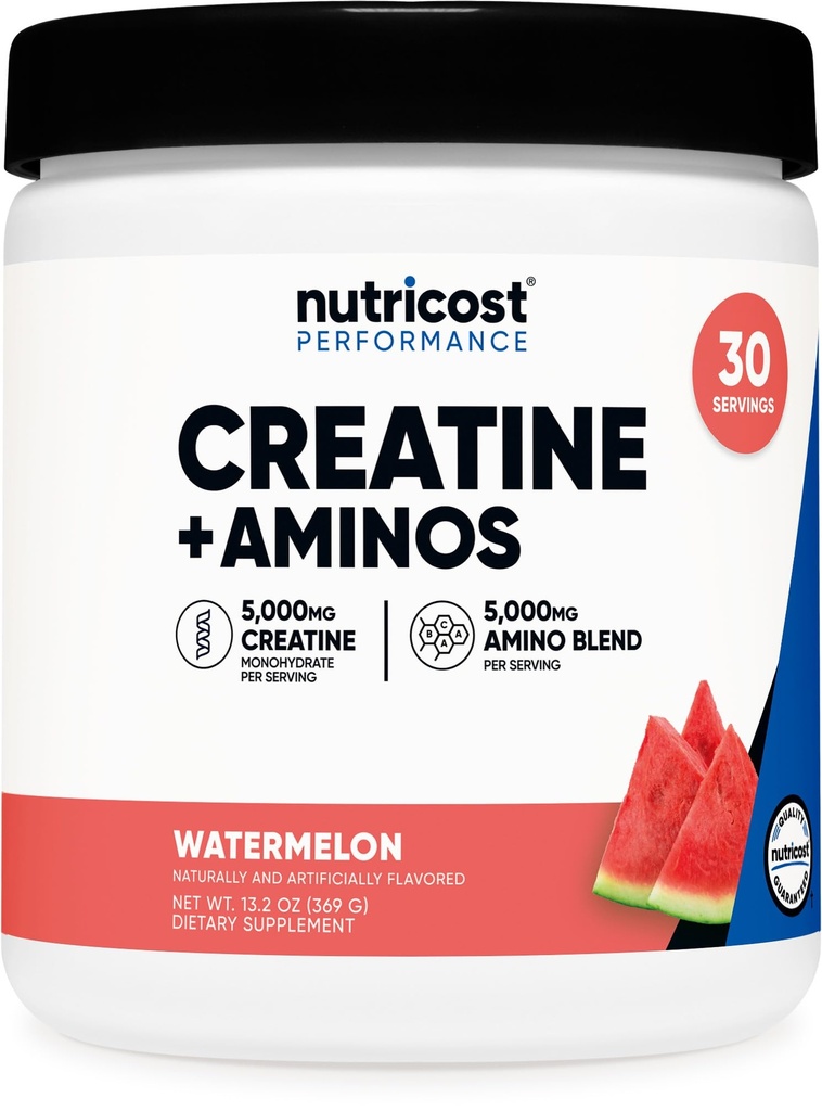 Nutricost Kretine + Aminos 30 Hizmetler (Watermelon Flavored) - 5000 mg Kreatine Monohidrat + 5000 mg Amino BCAA Ölmüş