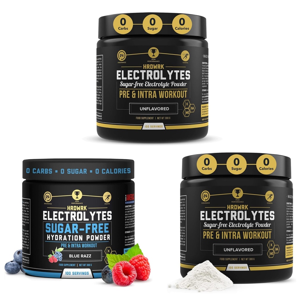 HRDWRK - 100 Servings Keto Electrolytes Powder Hydration Sugar Free - Electrolyte Powder to Boost Endurance & Reduce Fatigue with Electrolytes Supplement (Unflavored Set of 2 & Blue Razz)
