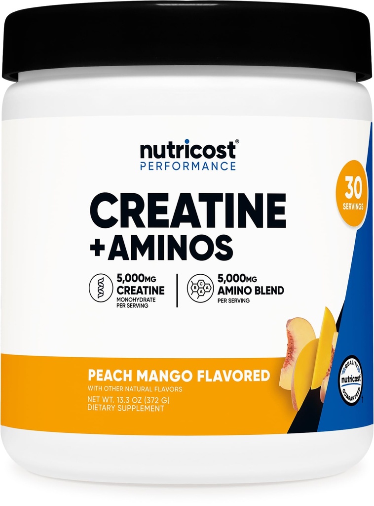 Nutricost Kretine + Aminos 30 Hizmetler (Peach Mango Flavored) - 5000 mg Kreatine Monohidrat + 5000 mg Amino BCAA Blend Per Servisleri
