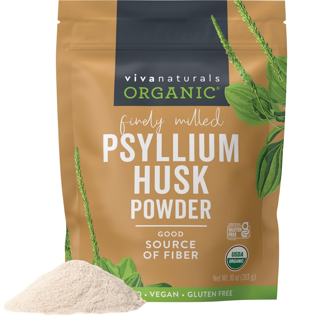Viva Naturals Organic Psyllium Husk Powder, 10 oz – Finely Ground, Unflavored, Vegan, Keto, Paleo, Non-GMO Plant-Based Superfood, Good Source of Fiber for Gluten-Free Baking, Juices & Smoothies