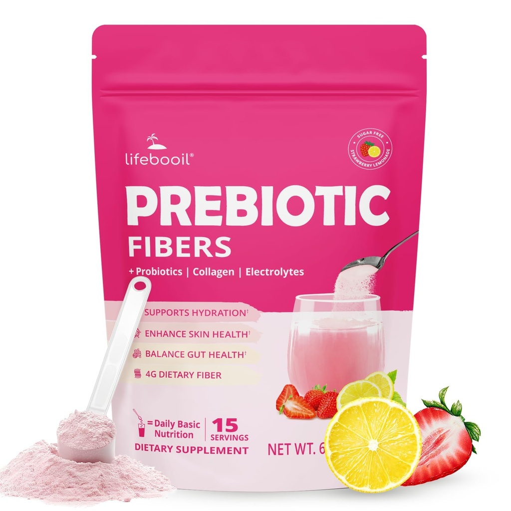 Kadınlar ve Erkekler için Daily Fiber Supplement, Probiyotiks, Collagen & Electrolytes- Supports Digestive & Gut Health, Bloating Relief | Sugar Free, Strawberry Lemon Flavor, 15 Hizmet