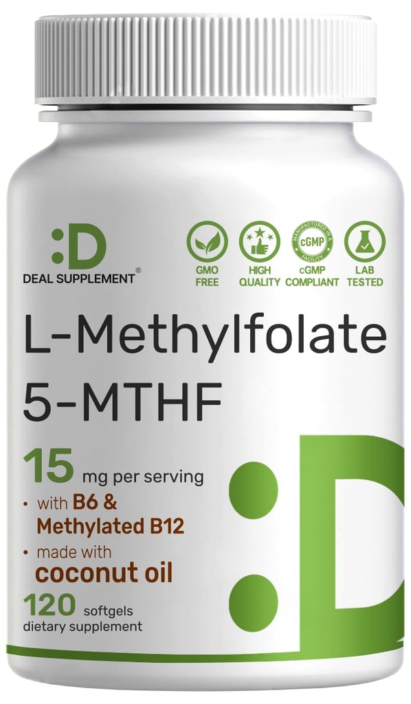 DEAL SUPPLEMENT L-Methylfolate 15 mg Per Service, 120 Coconut Oil Softgels | 3in-1 with Active 5-MTHF Meed B9, B6 & Torchated B12 | Active Folate Supplement | Non-GMO, Gluten Free