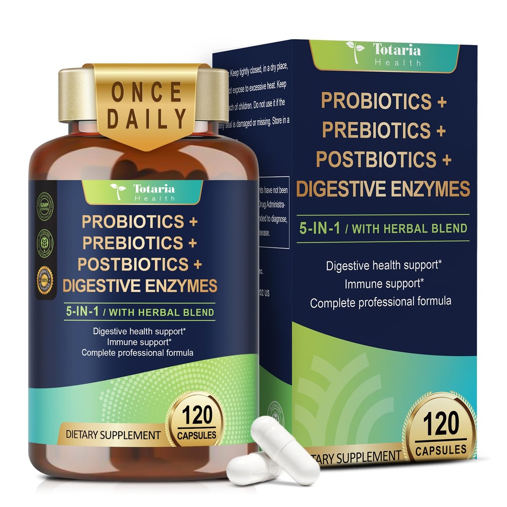 Totaria 5-in-1 60 Milyar CFU Probiyotik Prebiyotik & Postbiyotik for Women & Men, w/Digestive Enzymes, Slippery Elm, Daily Complete Gut Health, Digestive & Immune Support, 4 Ay Supply, Vegan