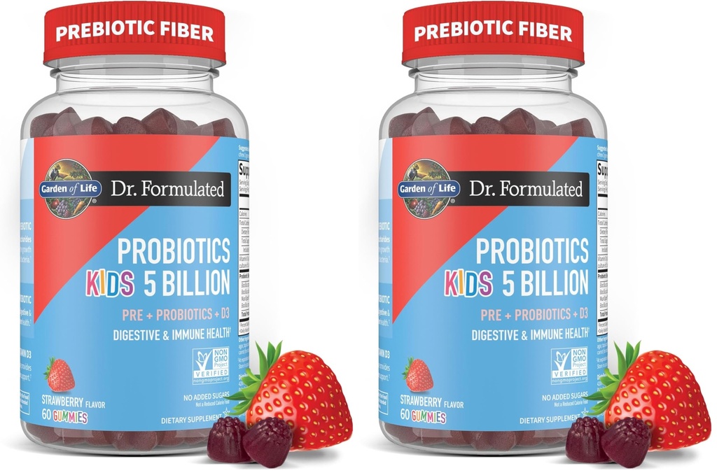 Garden of Life Dr Formulated 5 Billion CFU Prebiotic Fiber, Probiotic and Vitamin D3 for Kids Digestive & Immune Health – Gluten Free,Non GMO,No Added Sugars, Strawberry Flavor,60 Gummies,(Pack of 2)