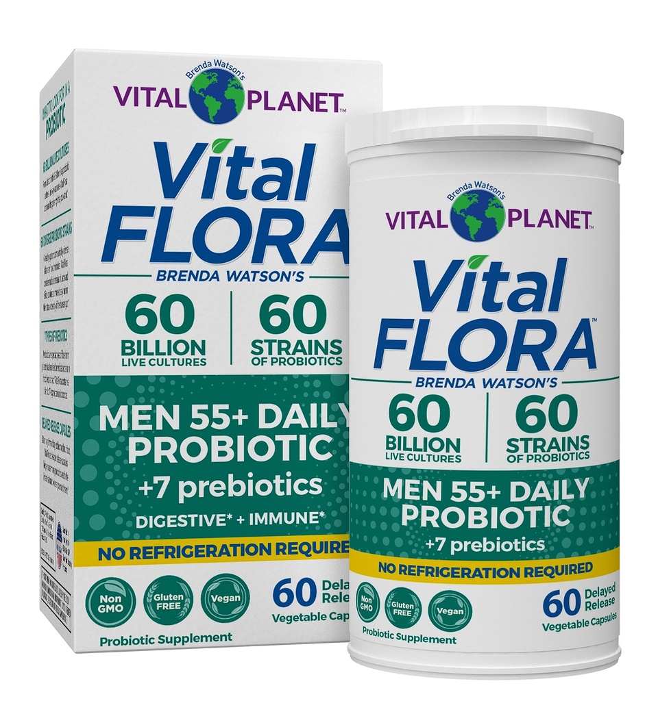Vital Planet - Vital Flora Erkekler 55 Günlük Probiyotik, 60 Milyar CFU, Diverse Strains, Organik Prebiyotikler, Immune Support, Digestive Health Raf Stable Probiyotiks for Men, 60 Capsules