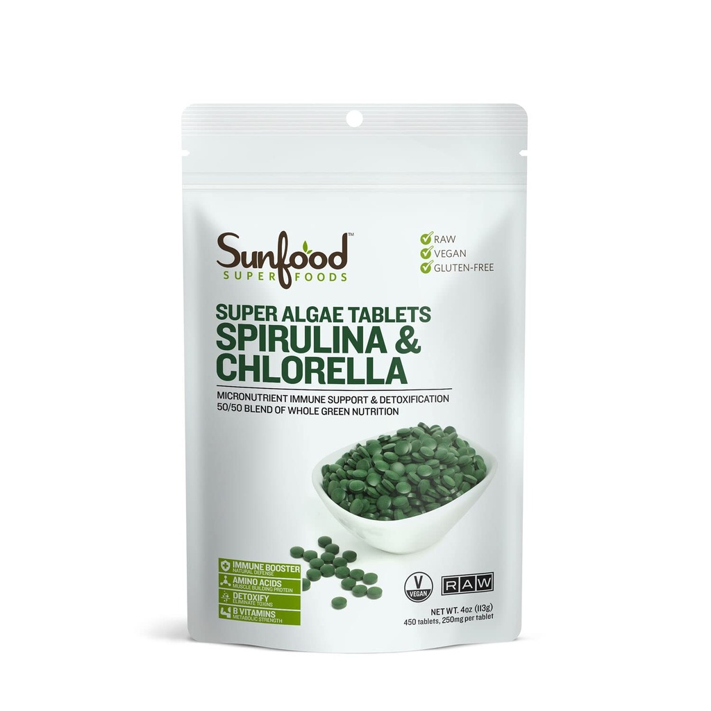 Sunfood Superfoods Chlorella Spirulina Tabletleri - Kadınlar ve Erkekler için Spirulina ve Chlorella Green Algae Tabletleri, Chlorophyll, B Vitaminleri ve Protein, Kırık Hücre duvarı, Vegan - 4 oz Bag