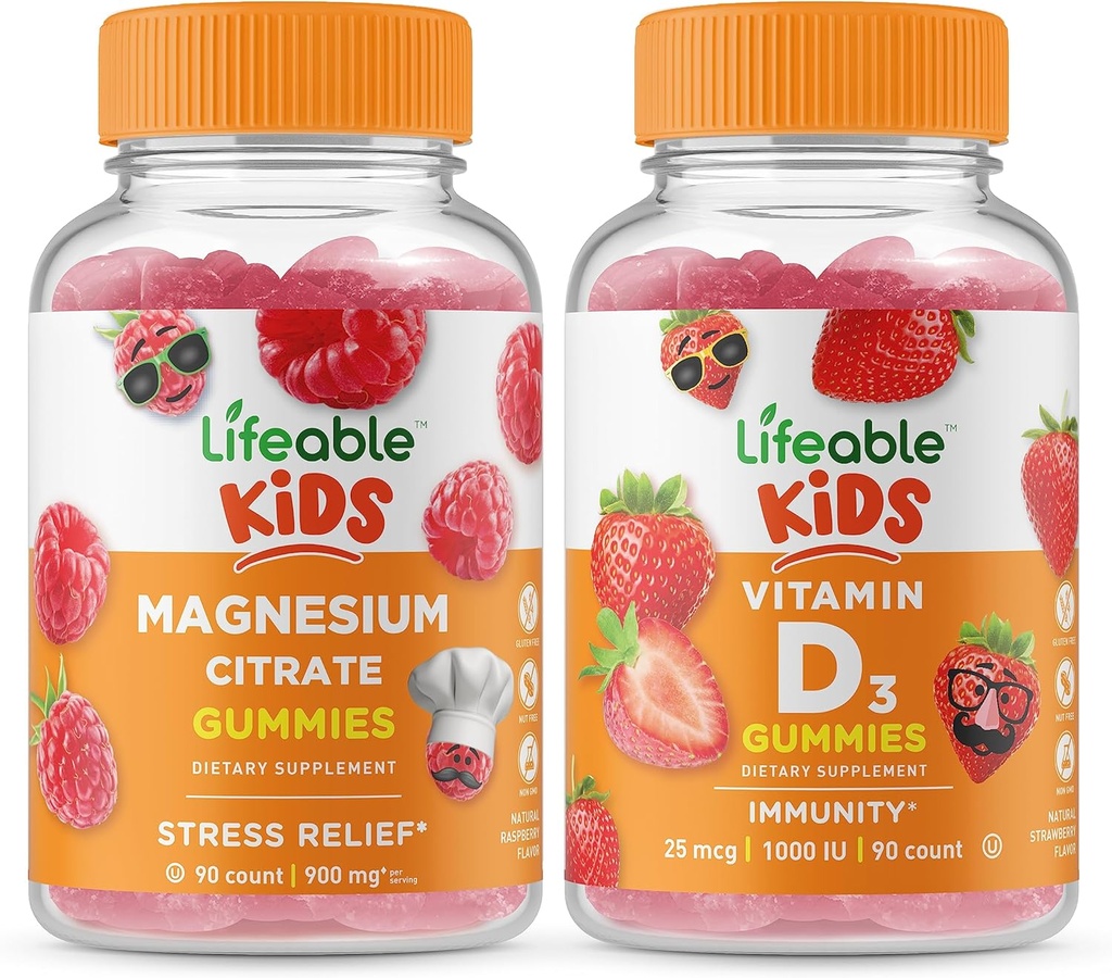 Lifeable Magnezyum Kids + Vitamin D Kids, Gummies Sche - Great Tasting, Vitamin Supplement, Gluten Free, GMO Free, Chewable Gummy Gummy
