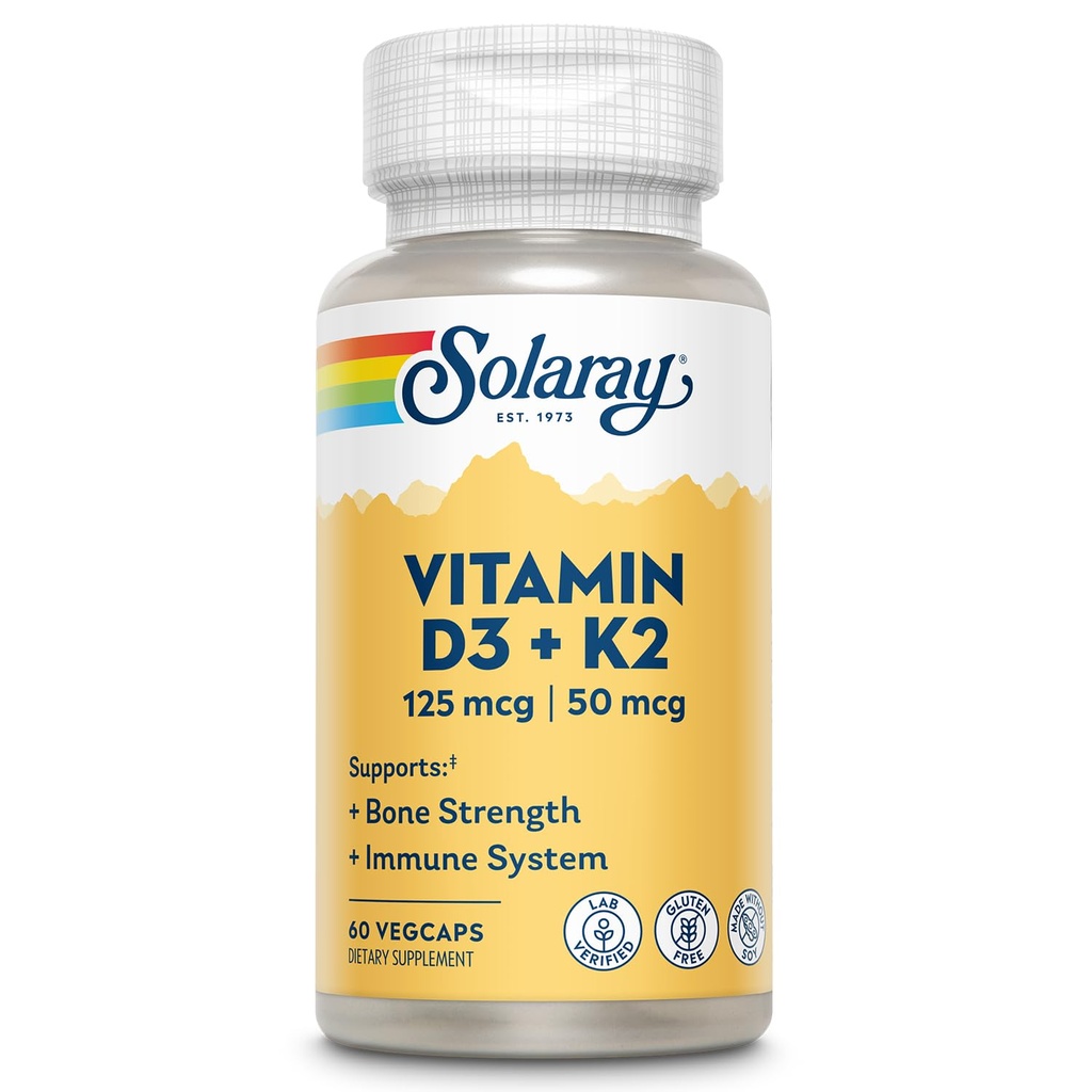 SOLARAY Vitamin D3 K2 - Bone Health ve Immune Support Supplement - 5000 IU D ile VIT D3 ve 50 mcg K2, Menoquin MK7 olarak Made Without Soy, 60-Day Garanti, 60 Serv, 60 VegCaps