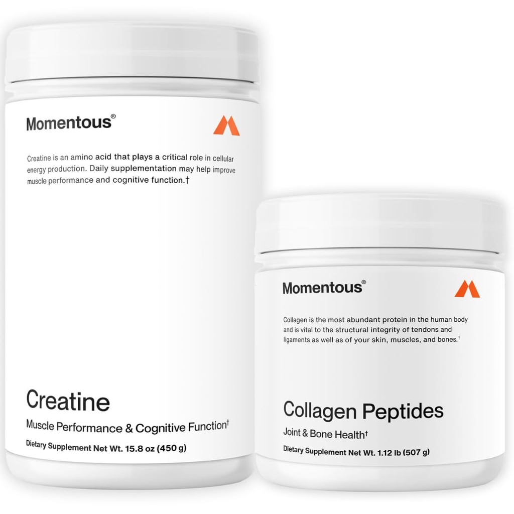 Momentous Kretine Monohidrat Toz & Grass-Fed Collagen, Toz Stack - Güçlü, Lean Muscle, & Recovery - FORTIGEL & Vitamin C for Hair, Skin, Nails, & Ortak Sağlık Desteği