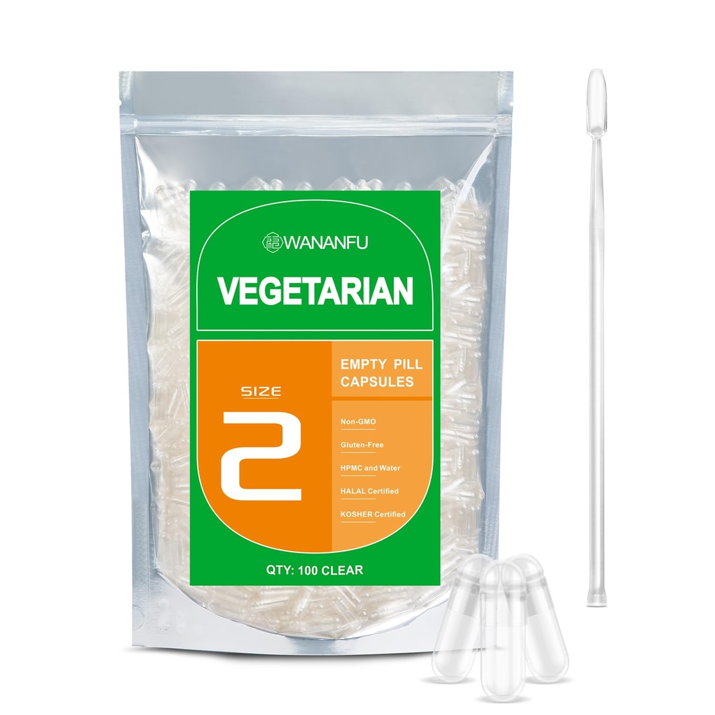 wananfu Boyutu 2 Boş Capsules Vegetarian (100 Count) Sche with 2 Micro Lab Spoons, Clear Fillable Veggie Pill Capsules Size Kendi Tamamlarınızı Yapmak için 2 Boyut