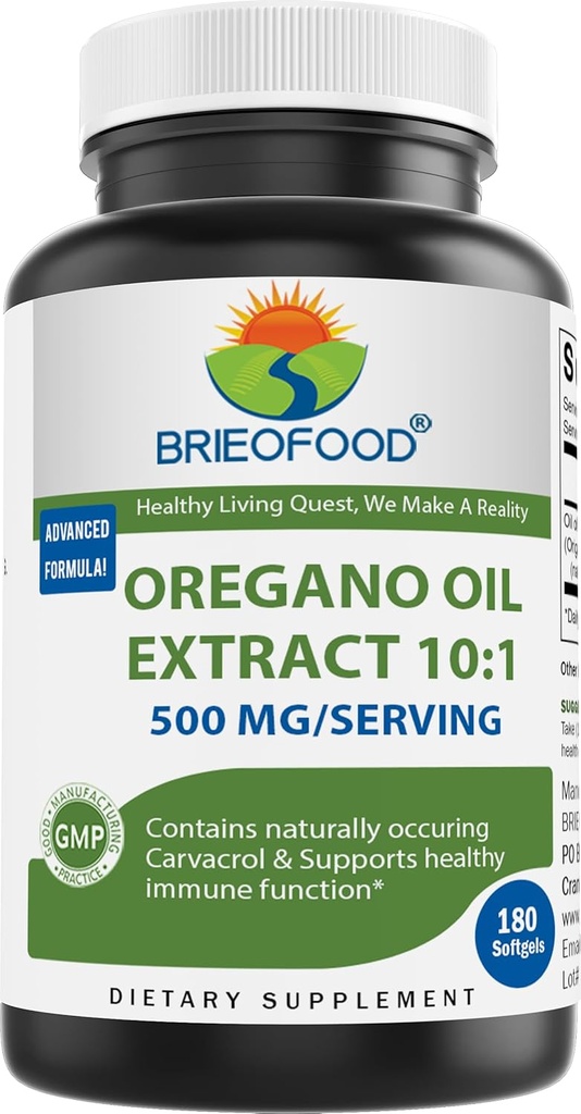 Brieofood Oregano Petrol 10:1 Hizmet başına 500 mg - Contains Doğal Occuring Carvacrol - Sağlıklı Immune Function - 180 Softgels