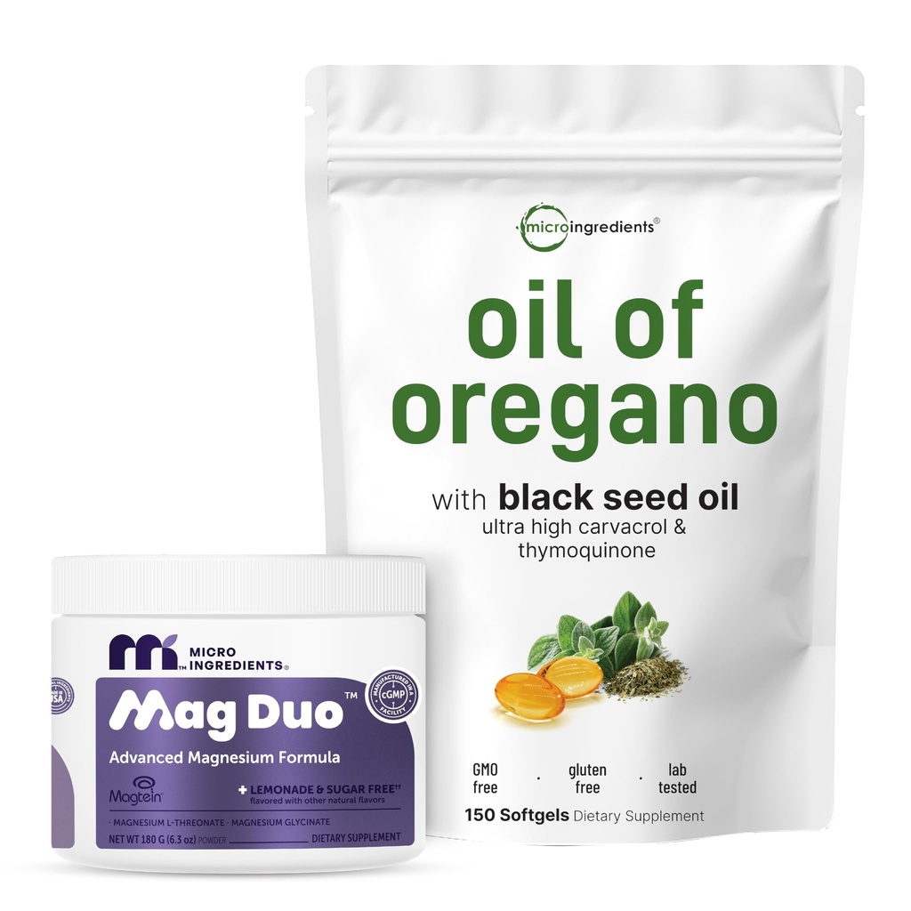 Micro Ingredients Mag Duo Magtein Magnesium L‑Threonate Powder & Oil of Oregano 150 Softgels 2 Pack | with Magnesium Glycinate for Calm, Sleep & Focus Support | 4X Strength Carvacrol + Black Seed Oil