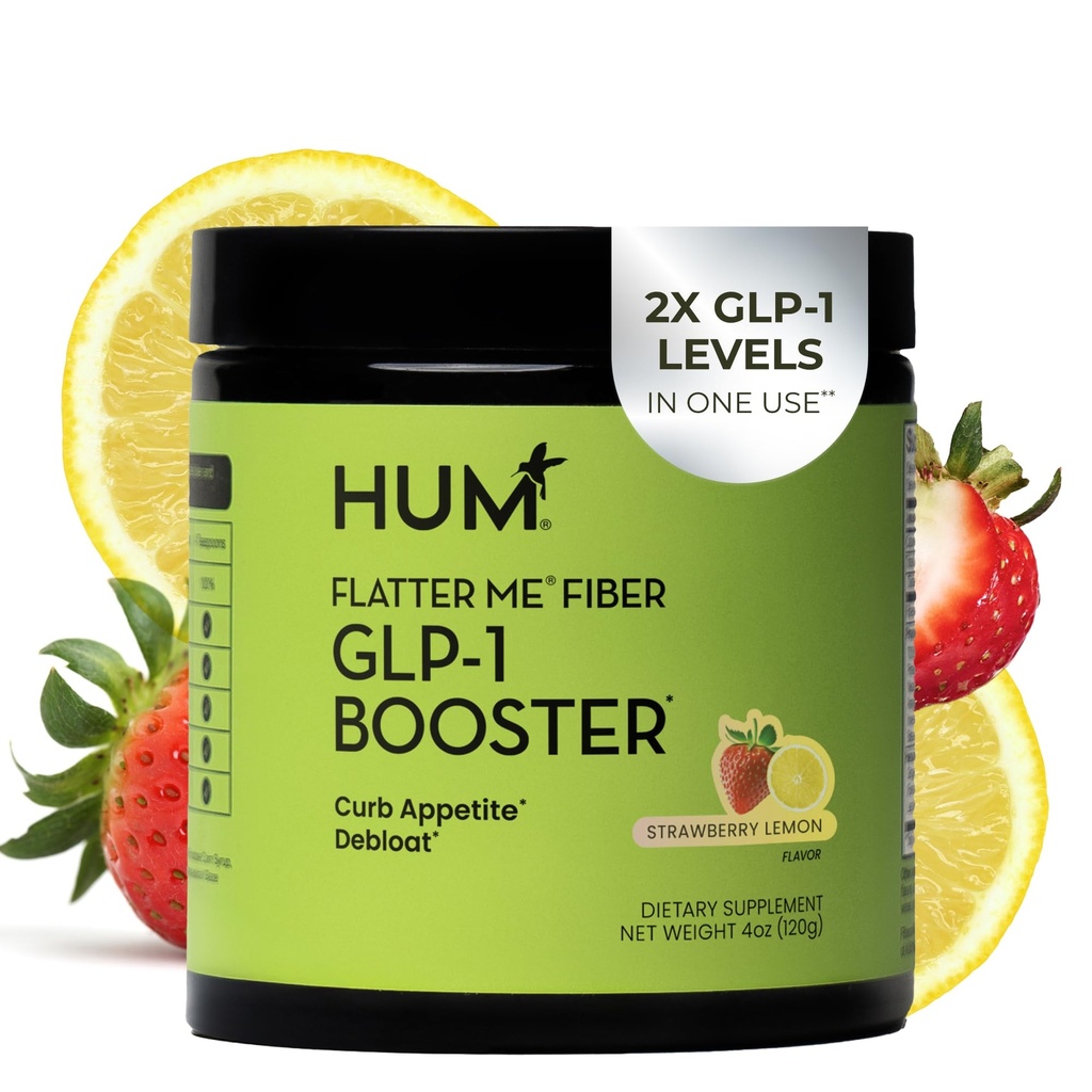 HUM Flatter Me Fiber Supplement for Women & Men, Prebiotics & Digestive Enzymes to Support Weight & Bloating, Digestive & Gut Health, Fiber Powder Drink Mix, Strawberry Lemon - 10 Servings