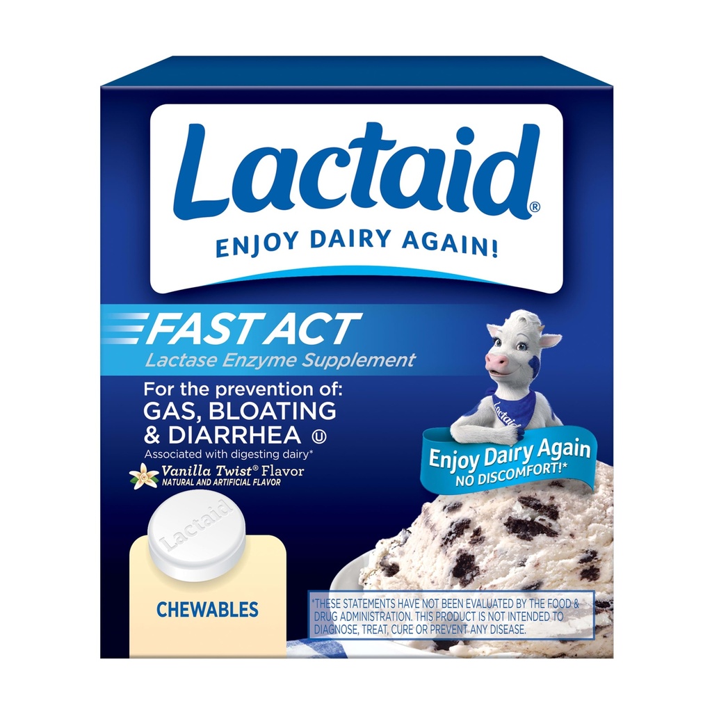 Lactaid Fast Act Lactose intolerance Relief Chewables with Natural Lactase Enzyme to prevent Gas, Bloating & Diarrhea Due to Lactose Hassasiyet, On-Go, Vanilla Twist Flavor, 60 x 1 ct