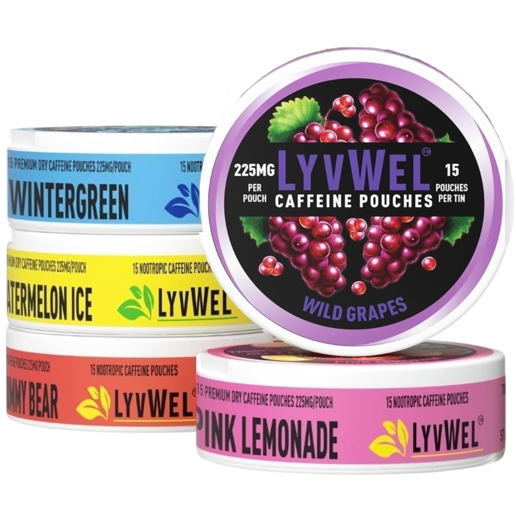 LyvWel 225 mg Caffeine Energy Pouches | Nootropic Focus & Neuro Support | Tütünsiz, Nicotine-Free, Quick Energy Çözüm | 5Pack: 60 Pouches (5 Pack, Multi-Pack)