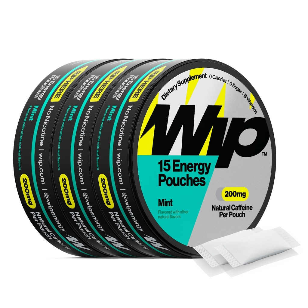 Wip Energy Pouches, Sugar Free Meeting with 200 MG Natural Caffeine, B Vitamins, Minerals & L Theanine for Energy Support, Pre Workout for Active Lifestyles, Mint, 3 Cans, 15 Pouches per can