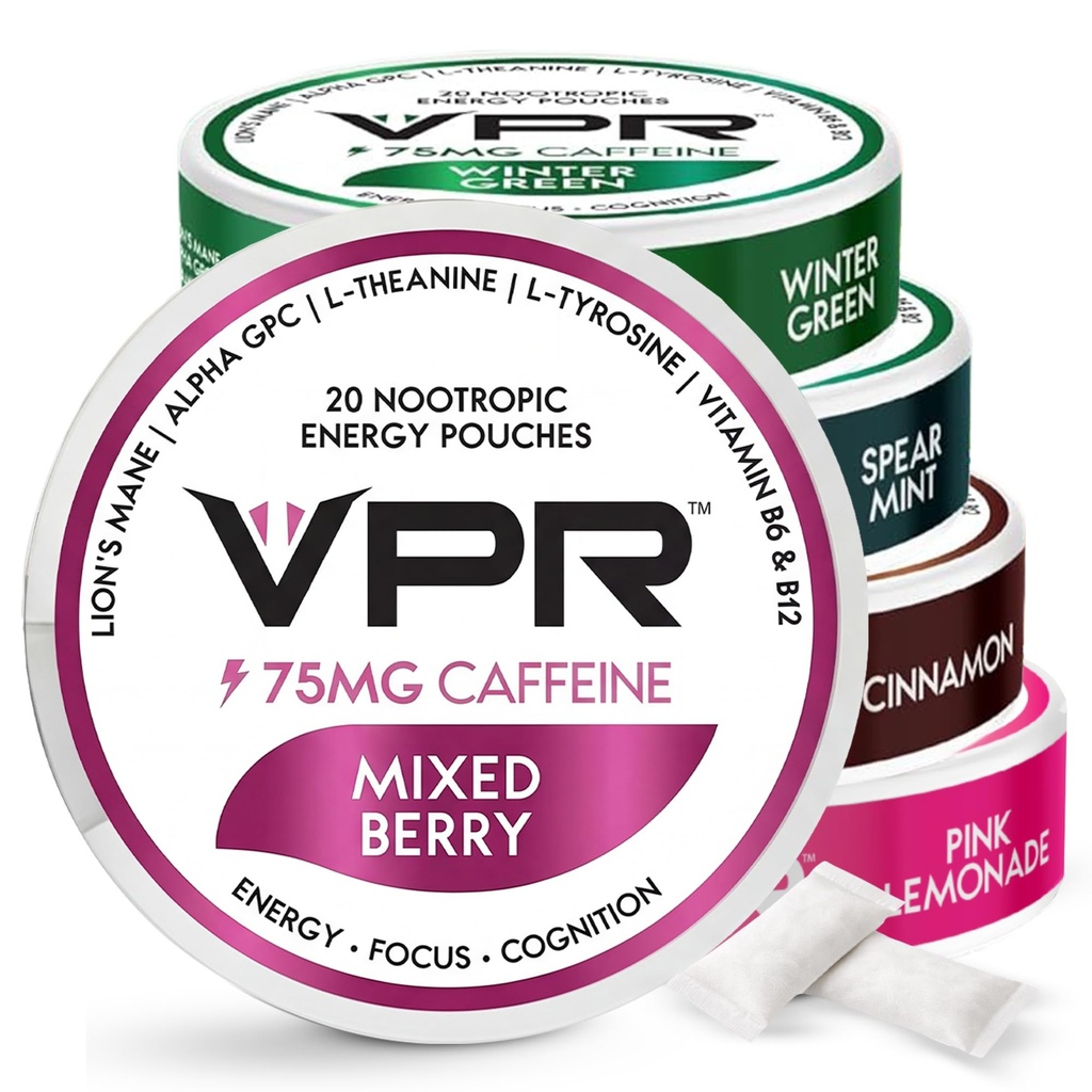 VPR 75 mg Caffeine Nootropic Pouches | 20 Kont Energy Pouches with Lion's Mane, Alpha-GPC, Vitamin B6 & B12, L-Theanine, ve L-Tyrosine | Doğal Flavored Focus Pouches with No Sugar | Çeşitli Paket Pouches