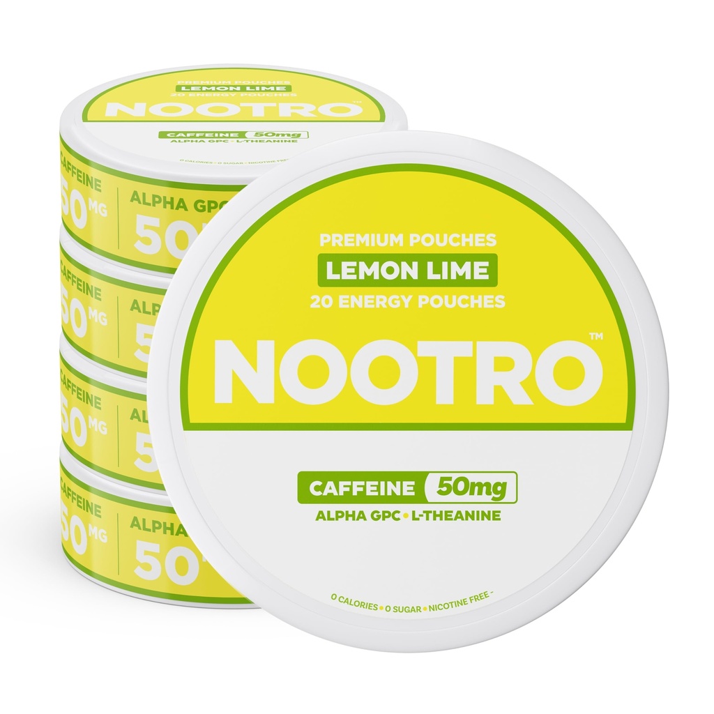 Nootro Caffeine Nootropic Pouches (Lemon Lime) - Enerji 50 mg Caffeine, 50 mg Alfa GPC, 50 mg L-Theanine with No Sugar and no Calories - 20 Pouches Per Can - 5 Pack
