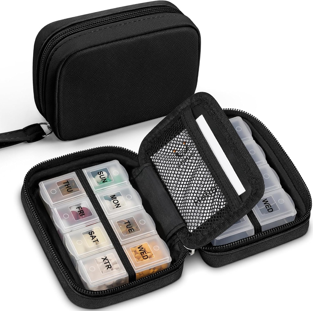Zannaki Cute Pill Organizer for Purse with Two Reforce 7Day Pill Box, Travel PU Deri Pill Case, Portatif Haftalık Pill Konteyner with Storage Bag to Hold Vitamins, Fish Oils, Supplements (Black)