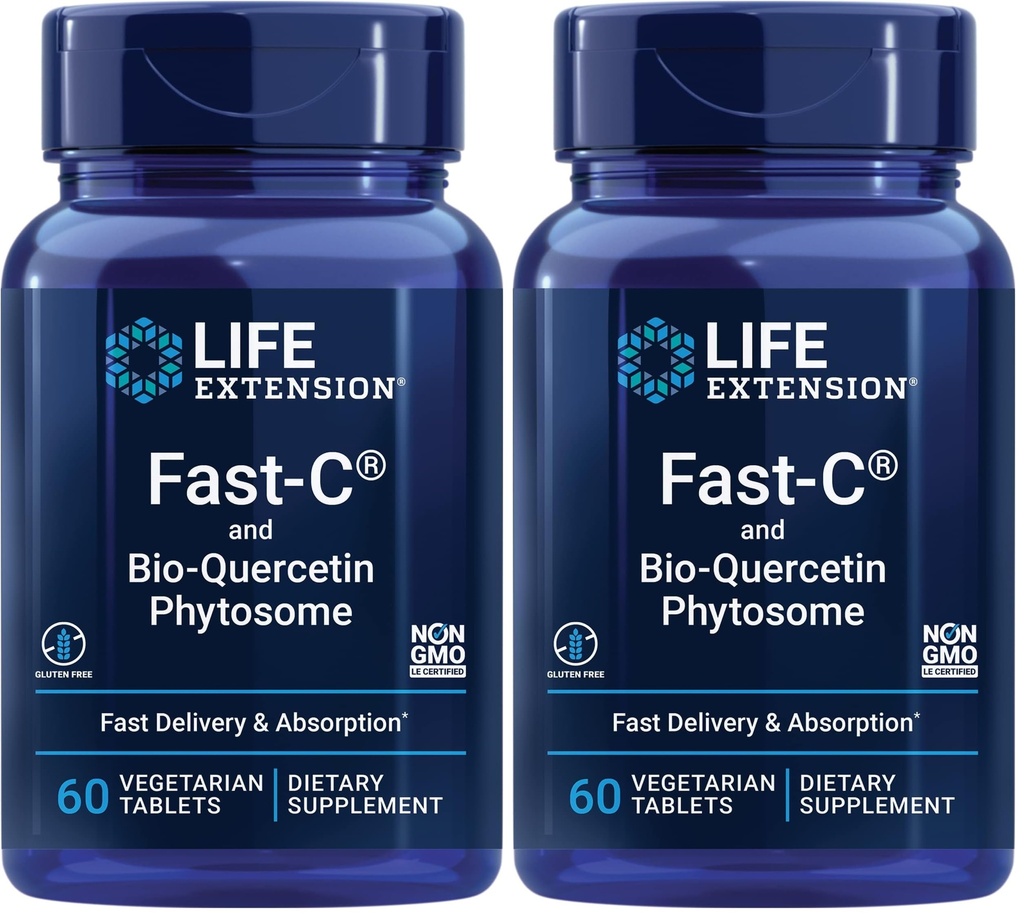 Life Extension Fast-C & Bio-Quercetin Phytosome – Hızlı Teslimat ve Abpsiyon Vitamin C Supplement for Optimum Immune Support – Gluten-Free, Non-GMO, Vegetarian – 60 Tabletler (Brook of 2)