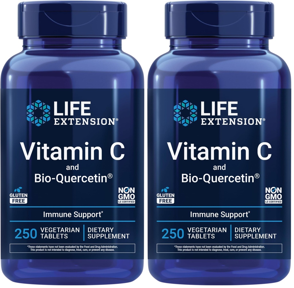 Life Extension Vitamin C and Bio-Quercetin®,Cardiovascular Health Supplement,Immune Support,Highly absorbable,quercetin,Vitamin C,Gluten Free,Non-GMO,Vegetarian,250 Tablets,(Pack of 2)