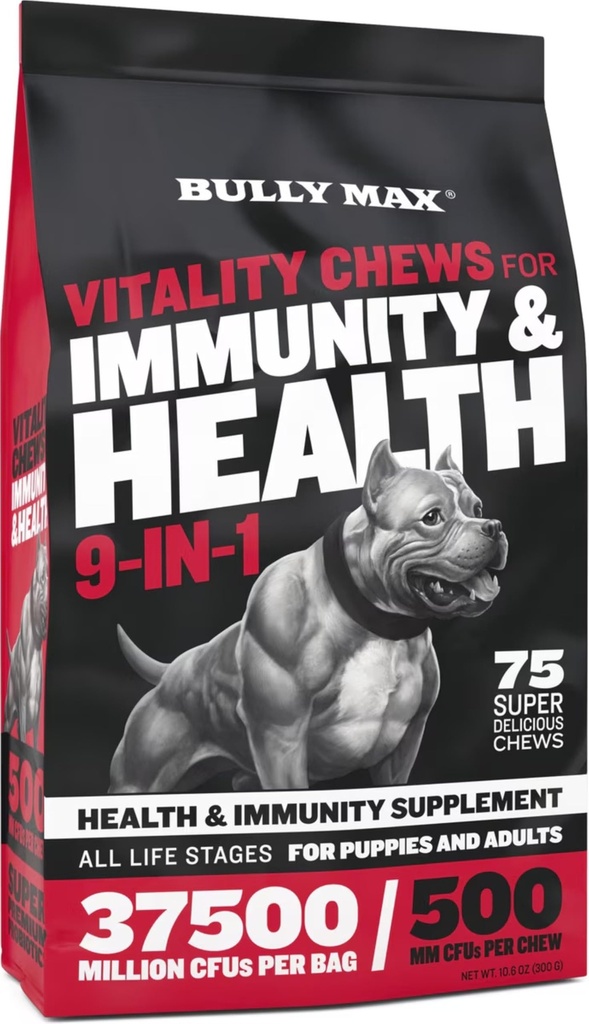 Bully Max 9-in-1 Dog Multivitamin, 75 Soft Chews - Dog Vitamins and Supplements with Glucosamine Probiotics Omega-3 for Hip & Joint, Skin & Coat, Immune, Digestive Support, All Breeds, Made in USA
