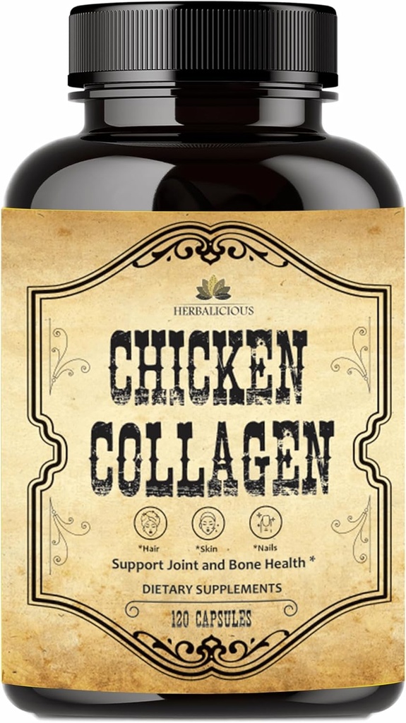 HERBALICIOUS Chicken Collagen Capsules - Ortak, Skin & Bone Support için Collagen Supplement - Tavuk Bone Broth - Non-GMO, Anti-Aging - 120 Capsules
