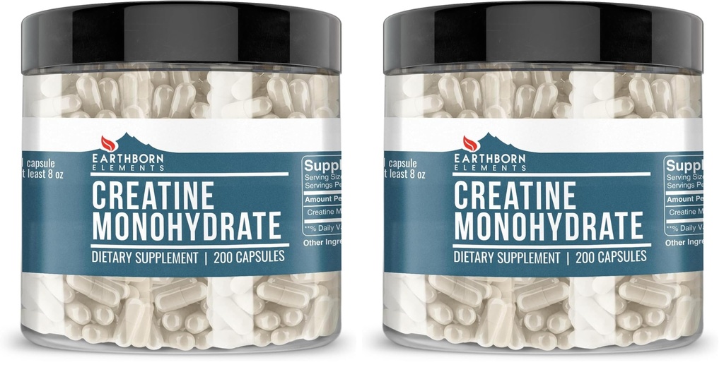 Earthborn Elements Kretine Monohidrat 200 Capsules, Pure & Undiled, No Wordss (Pack of 2)