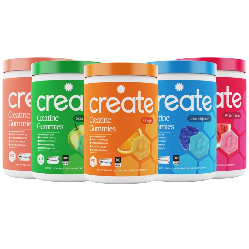 Create Creatine Monohydrate Gummies - High Five Bundle - Sour Peach, Sour Apple, Watermelon, Blue Raspberry & Orange - Creatine Gummies for Women & Men, NSF Certified, 3rd Party Tested, (5-Pack)