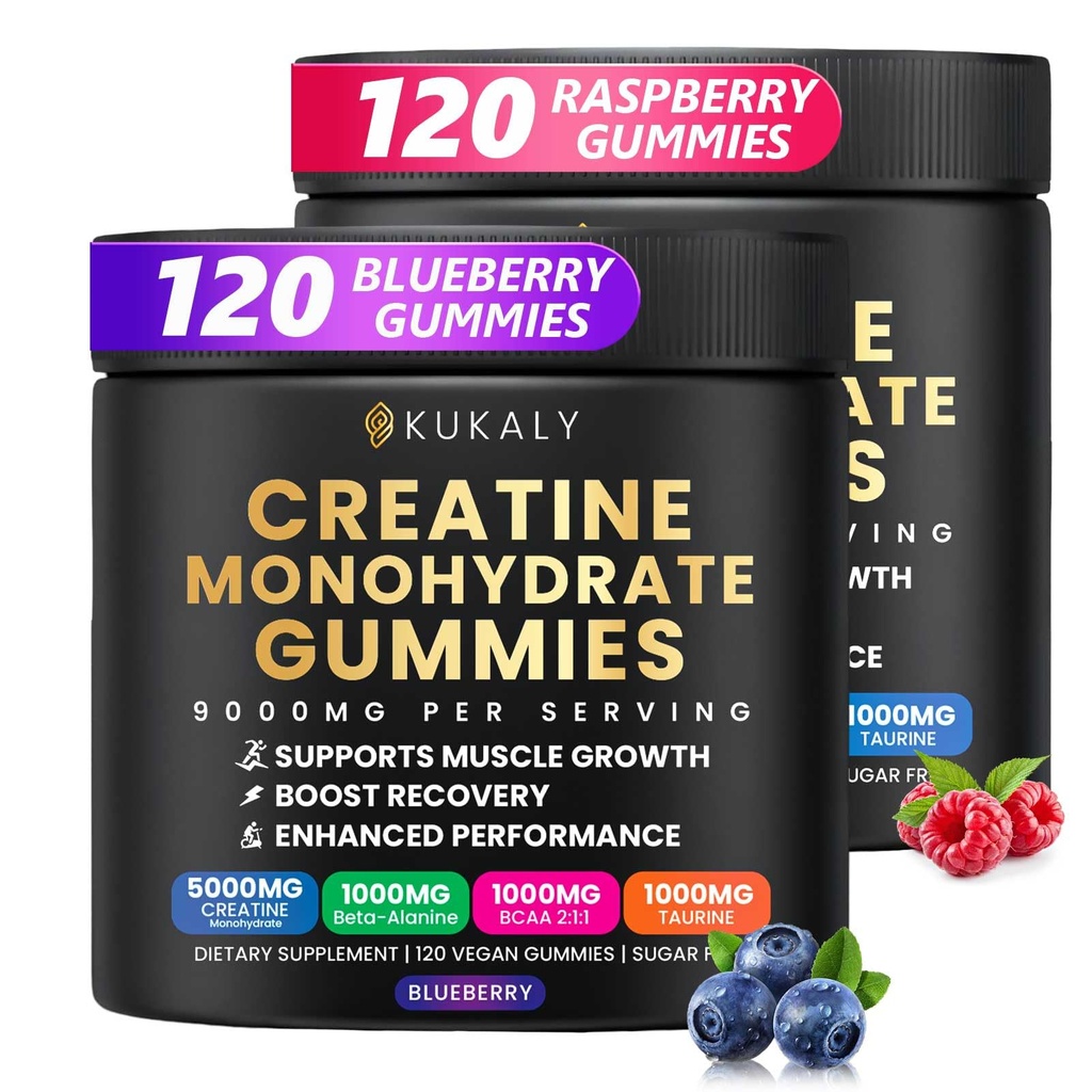 Erkekler ve Kadınlar için Kretan Monohidrat Gummies, 9000MG Kretine Gummies Sugar Free -BCAA 2:1, B12 B6 Boost Strength, Focus & Endurance, Vegan, Non-GMO
