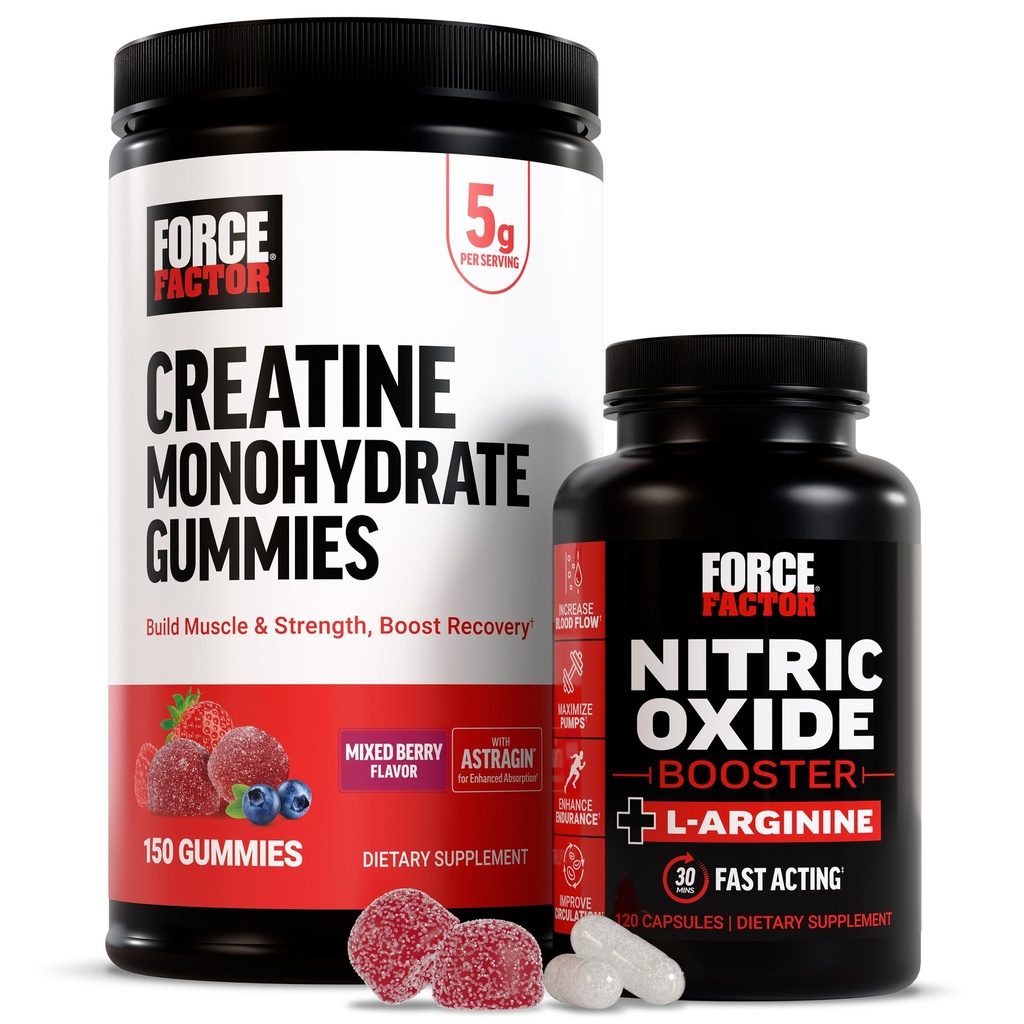 Force Factor Creatine Gummies, 5 Grams Creatine Monohydrate, Mixed Berry, 150 Gummies, 30 Servings Nitric Oxide Booster, Fast-Acting Formula with L-Arginine, 120 Capsules