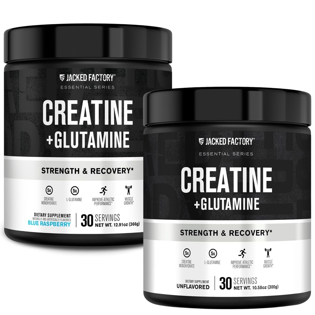 Jacked Factory Tinatine + Glutamine - L-Glutamine ile Kas Kurtarma, Kas Büyüme, Artan Güçlü (30 Hizmet, Unflavored & 30 Hizmet, Blue Raspberry)