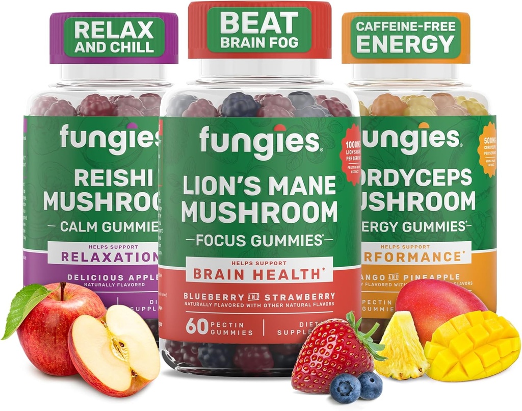 Fungies Mushroom Gummy 3-Pack Sche, Lion's Mane, Cordyceps & Reishi Gummies for Yetişkinler - Mushroom Gummies Supports Brain Health, Gut Health, Energy & Daily Wellness - 180 Servisler