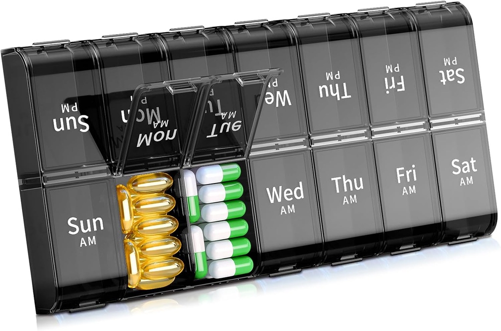 XL Large Weekly Pill Organizer 2 Times a Day, Ekstra Büyük 7 Gün Pill Box Am Pm, Daily Pill Case Medicine Organizer 14 Karşılaştırmalı, Day Night Pill Container for Fish Oils, Vitamin, Supplement, Supplement