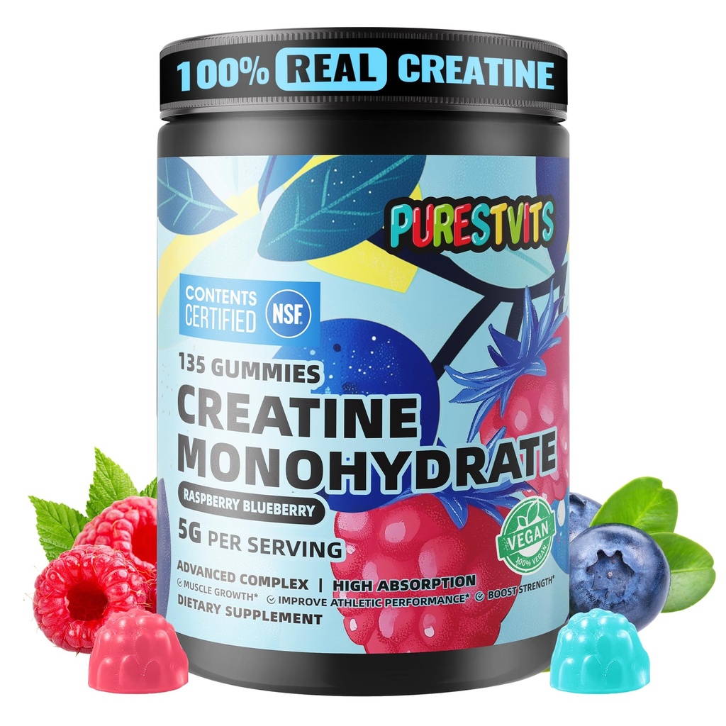 NSF, Kreatine Gummy 5g'i onayladı - Kol ve Kadınlar için Pre-Workout Enerji ve Kas Büyüme Desteği | Blueberry Raspberry Elektrolyte Gummies (135 Count)