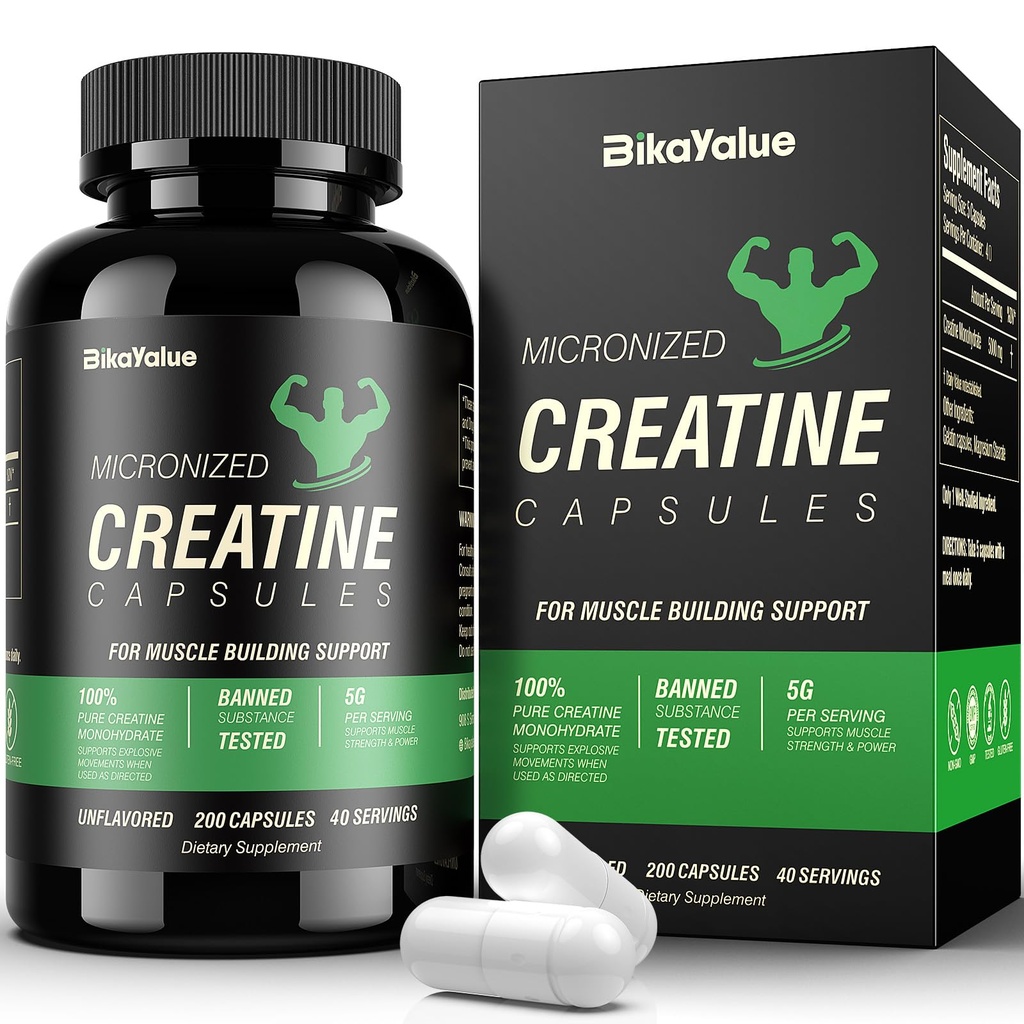 Creatine Monohydrate, 5000mg (5 Capsules) Per Serving, Creatine Capsules (40 Servings) for Supports Strength, Lean Muscle, Power Output & Workout Performance – Gluten Free, for Men & Women