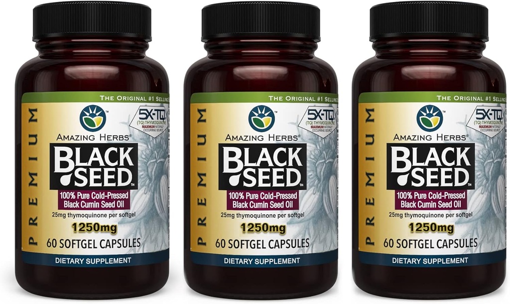 Amazing Herbs Premium Black Seed Oil Capsules - Yüksek Potency, Cold Pressed Nigella Sativa Aids in Digestive Health, Immune Support & Brain Function - 60, 1250 mg (Pack of 3)