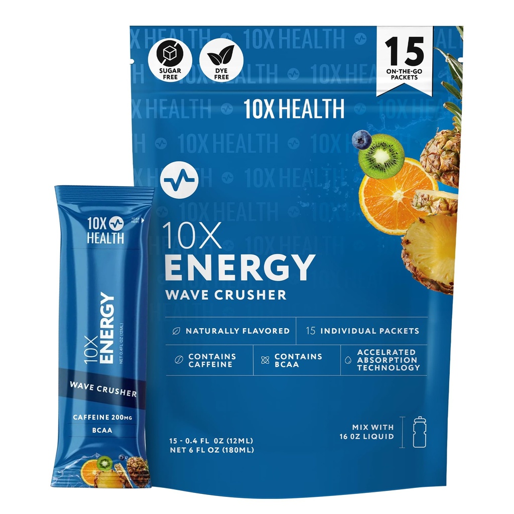 10X Health - Energy Wave Crusher - Enerji 200 mg Caffeine, BCAAs, B Vitaminleri, Accelerated Abors - Tropikal Punch Pre-Workout Drink - 15 İçecek Mixets (Wave Crusher - Enerji)