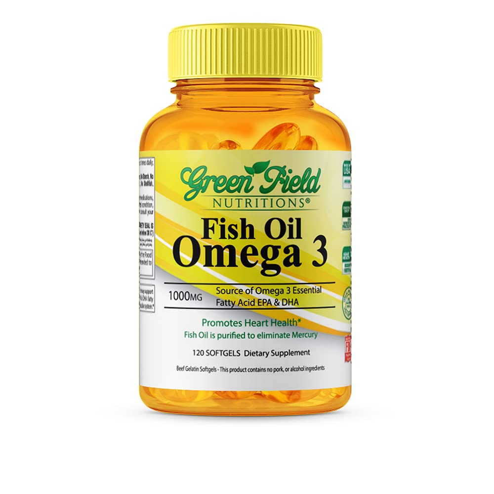 Greenfield Nutritions Halal Fish Oil 1000mg, 300mg Halal Omega 3, Small Wild Peruvian Fish Oil Halal Vitamins, EPA 180 mg & DHA 120mg, Non-GMO, Gluten Free, Support Brain & Heart Health, 120 Pills