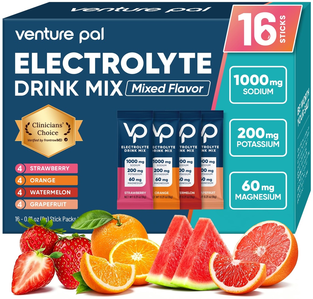 Venture Pal High sodyum Sugar Free Electrolytes Toz Packet - Hydration Packets with Vitamin, sodyum & P properties | Zero Calories | Vegan, Keto & Paleo Friendly Electrolyte Drink Mix - 16 Sticks