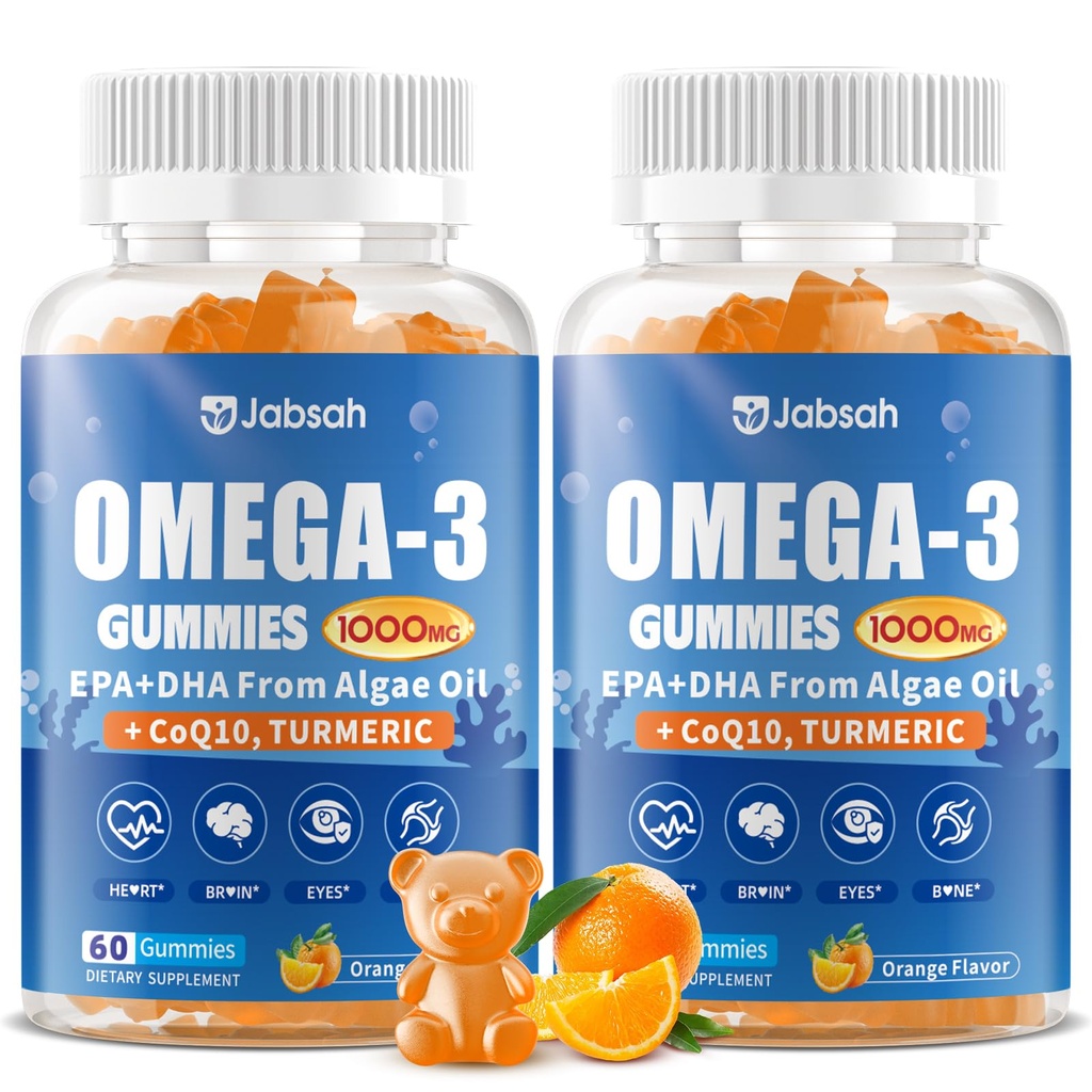 Vegan Omega-3 Gummies 1000mg from Algae Oil (DHA 460mg & EPA 230mg), Omega 3 Fish Oil Alternative for Adults, Plus Turmeric & CoQ10 for Brain, Eye & Immune Health, No Fishy Taste, Sugar Free, 120 Cts