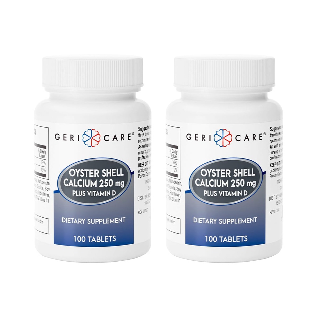 GeriCare Oyster Shell Calcium 250mg, Vitamin D 125IU Tablets, Bone Health Nutritional Supplement, 100 Count (Pack of 2)