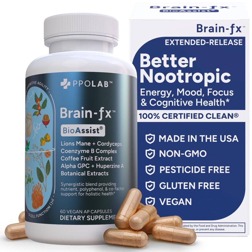 Brain-fxTM B Vitaminleri ve Herbs için Memory ve Focus, Nootropic Supplement, Metilated B Complex Choline Bacopa Lions Mane Cordyceps Mushroom Kahve Meyvesi Alfa GPC L Theanine Huperzine A - 60ct