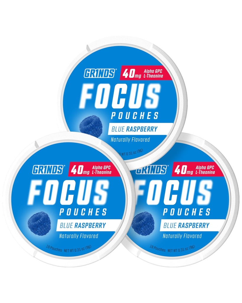 GRINDS Focus Pouches - Doğal Flavored with Nootropic Materialss - Contains Alpha GPC and L-Theanine, Sugar-Free - 3 Pack, 18 Pouches Per Can - Blue Raspberry