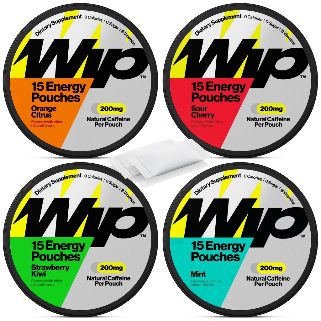 Wip Energy Pouches | 200 mg Natural Caffeine | Vitaminler ve Mineraller | 4 Pack Assorted: Sour Cherry, Mint, Orange Citrus, Strawberry Kiwiwi