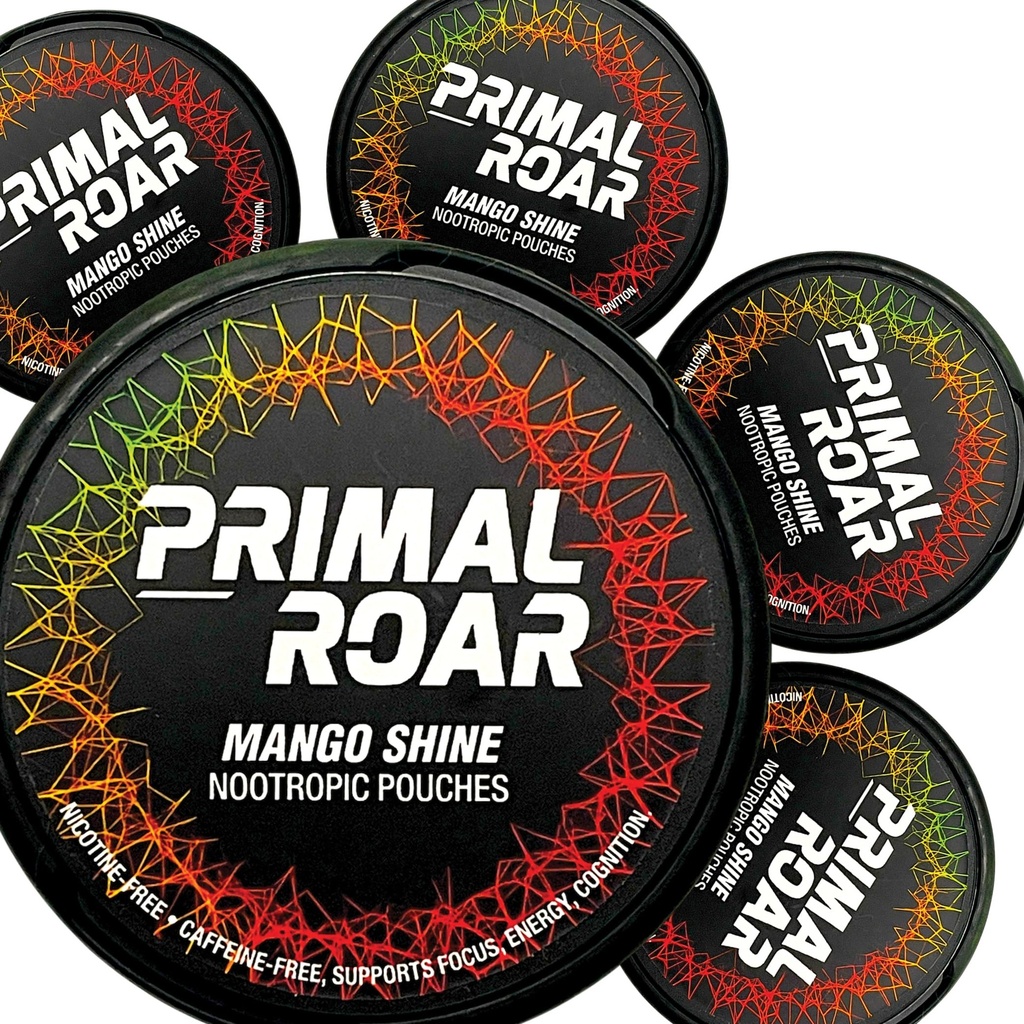 Primal Roar Mango Shine - Stimulant-Free Deep Focus Nootropics Pouches | Lion's Mane + Cog ETF Citicoline + Huperzine A | Nicotine ve Caffeine-Free | 20 Pouches Per Can (100 Toplam 5Pack)