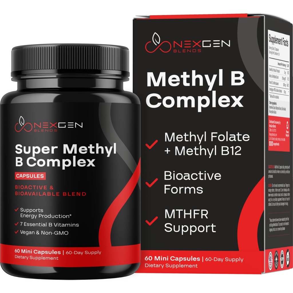 Methylated B Complex Vitamin Supplement - Bioactive Methyl B Complex with 5-MTHF Methyl Folate & B12 Methylcobalamin for Brain Heart Energy & Homocysteine Support - Super Vitamin B Complex - 60 Caps