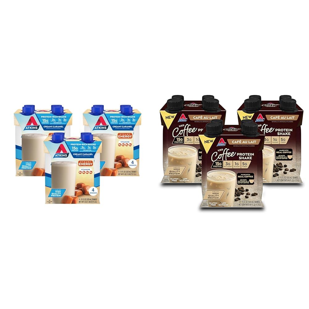 Atkins Energy Shake Creamy Caramel with Protein, Gluten Free, Keto-Friendly, 4 Count(Pack of 3) and Atkins Café au Lait Iced Coffee Protein Shake, 15g Protein, Low Glycemic, 3g Net Carb, 1g Sugar, Keto Friendly, 12 Count