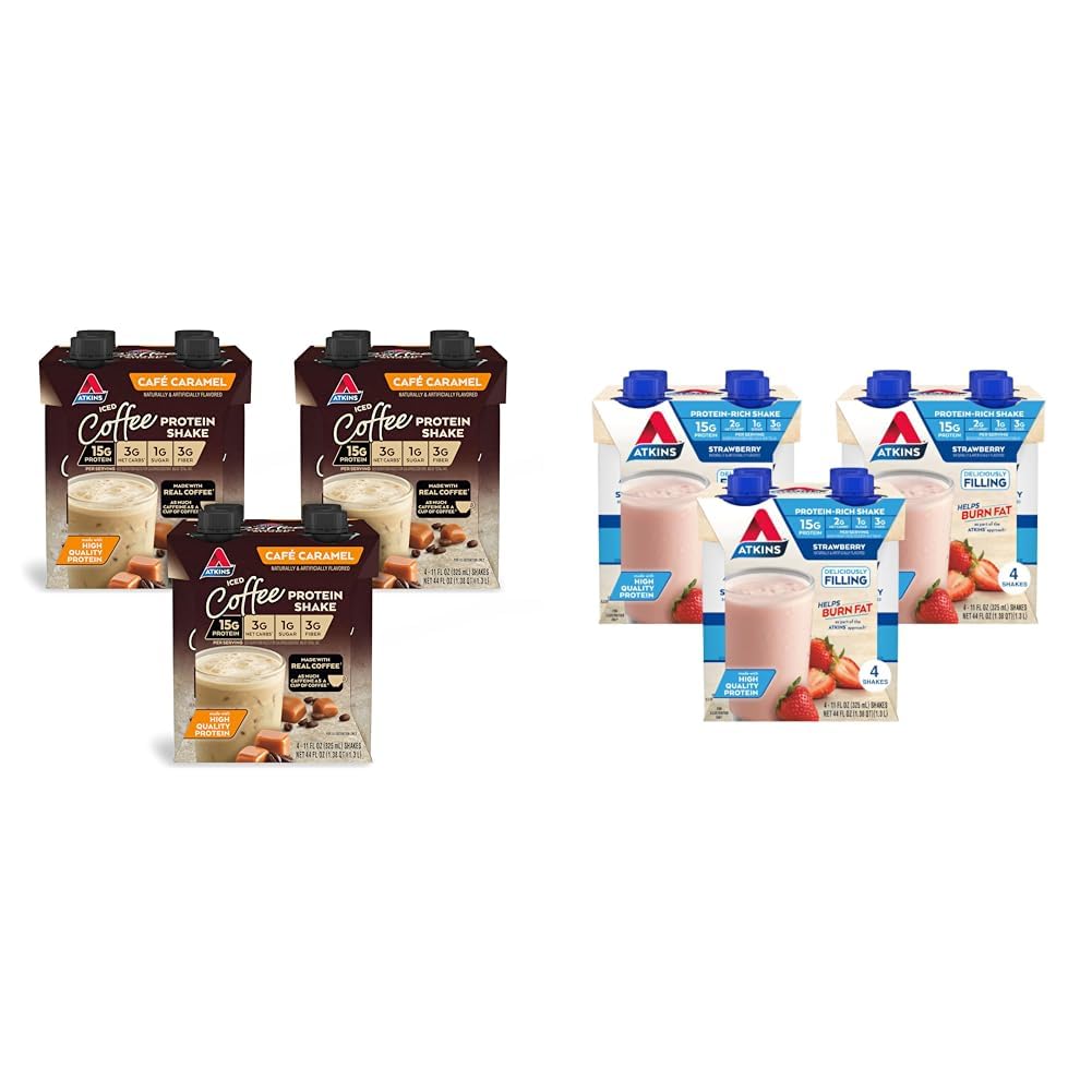 Atkins™ Café Caramel Iced Coffee Protein Shake & Strawberry Protein Shake, 15g Protein, Low Glycemic, 2g Net Carb, 1g Sugar, Keto Friendly, 12 Count