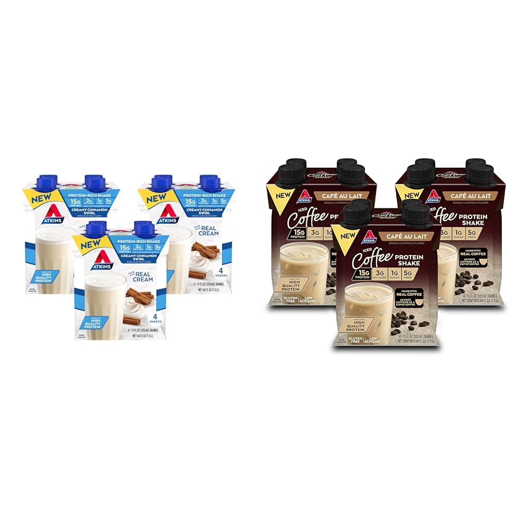 Atkins Creamy Cinnamon Swirl 15g Protein Shake 12 Count & Atkins Café au Lait 15g Protein Iced Coffee Shake 12 Count Bundle